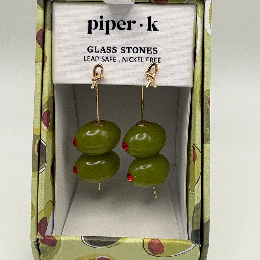 piper.k Olive Glass Bead Dangle Earrings with Red Accent